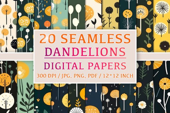 20 Seamless Dandelions Patterns and Digital Papers Clipart Backgrounds