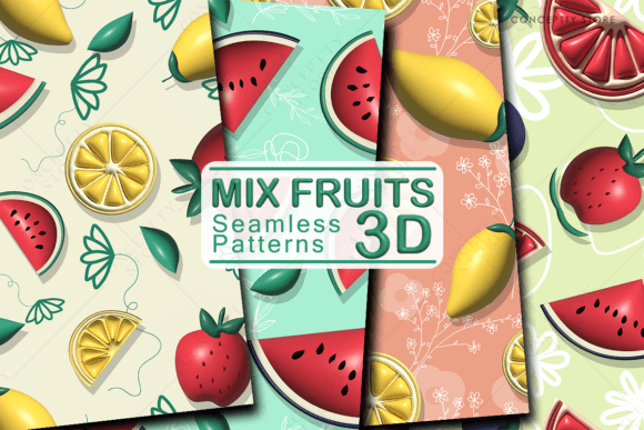 3D Mix Fruits, Seamless Patterns