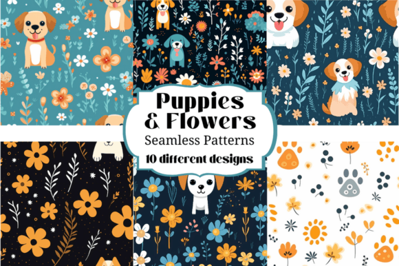 Cute Puppies Flowers Seamless Patterns