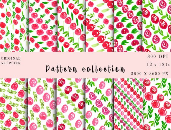 Watercolor Flowers Leaves Patterns Set