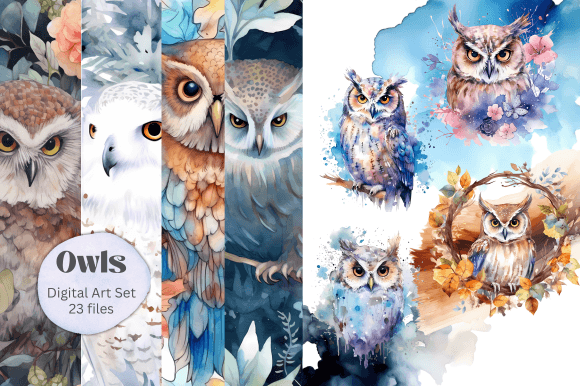 Watercolor Owl Bundle Clipart Patterns